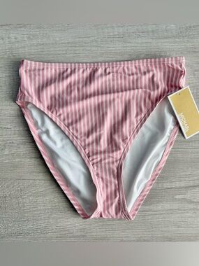 Michael Kors Women’s Pink & White Striped High-Waist Bikini Bottom Size Small